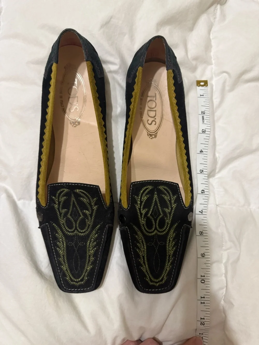 Tod's Black Suede Loafers with Olive Embroidery and Mustard Trim 40 10 - Picture 1 of 10